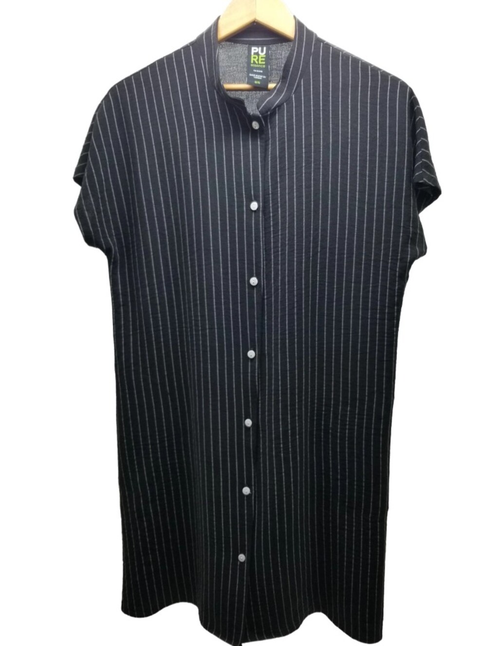 Pure Essence Black Pinstripe Midi Short Sleeve Dress with Pockets Size Medium